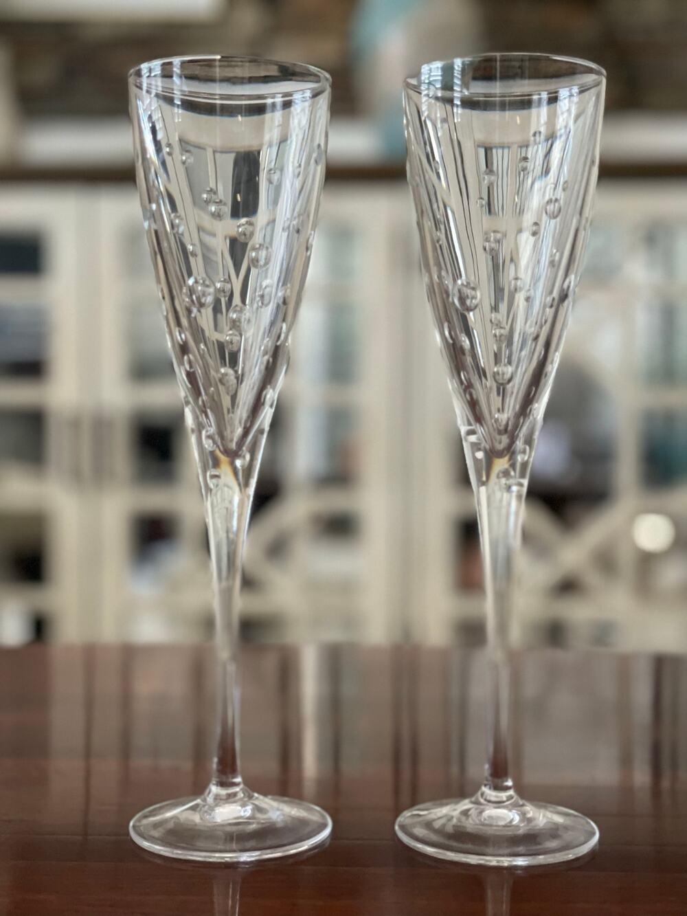 JG Durand Crystal Champagne Flutes Celebration Pattern Set of Two 10 Inch